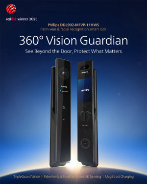Philips DDL902-MFVP-11HWS 360° Vision Guardian smart lock shown in two views against a blue gradient background with promotional text and the Philips logo.
